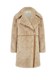 Yumi Natural Textured Borg Long Line Biker Coat - Image 5 of 5