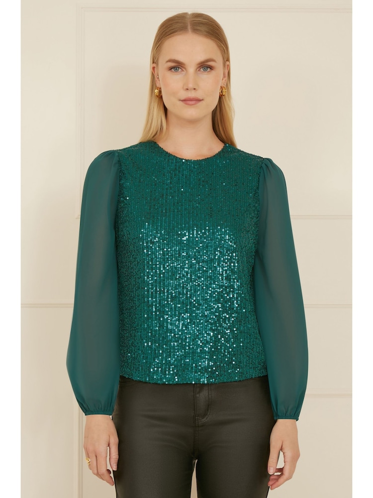 Yumi Green Sequin Top With Sheer Sleeves - Image 1 of 4