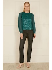 Yumi Green Sequin Top With Sheer Sleeves - Image 2 of 4