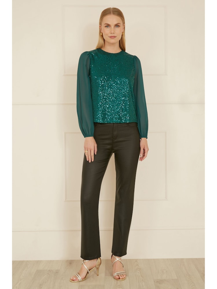 Yumi Green Sequin Top With Sheer Sleeves - Image 2 of 4