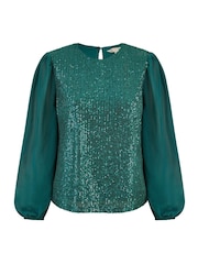 Yumi Green Sequin Top With Sheer Sleeves - Image 4 of 4