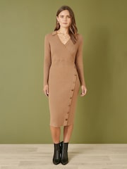 Yumi Brown Knitted Midi Dress With Asymmetric Button Details - Image 2 of 5