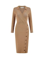 Yumi Brown Knitted Midi Dress With Asymmetric Button Details - Image 5 of 5