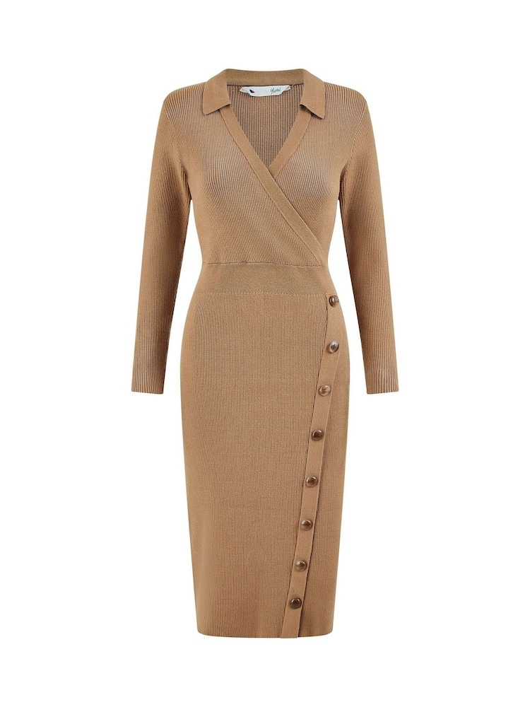 Yumi Brown Knitted Midi Dress With Asymmetric Button Details - Image 5 of 5