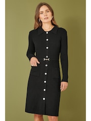Yumi Black Rib Knit Midi Shirt Dress With Snaffle Belt - Image 1 of 5