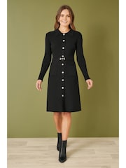 Yumi Black Rib Knit Midi Shirt Dress With Snaffle Belt - Image 2 of 5