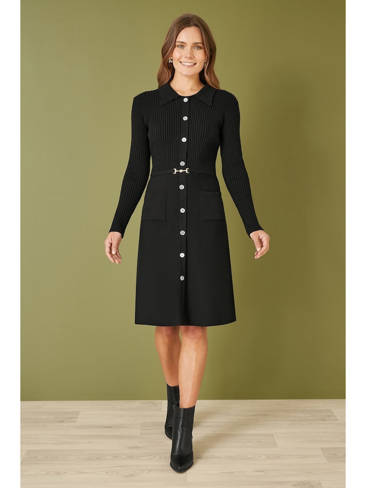 Yumi Black Rib Knit Midi Shirt Dress With Snaffle Belt - Image 2 of 5