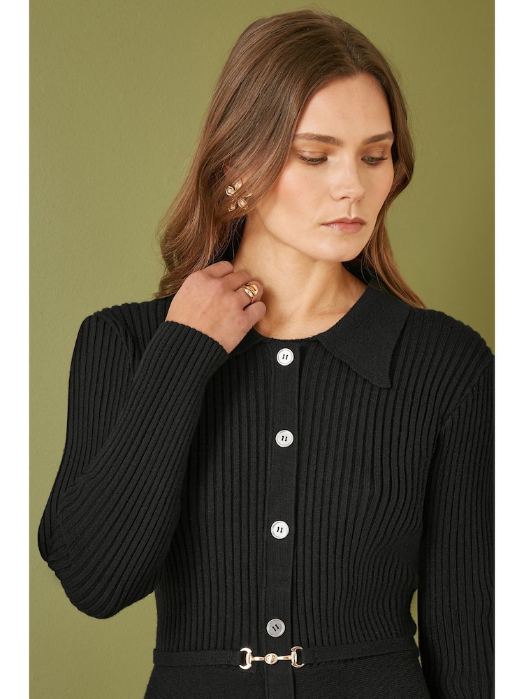 Yumi Black Rib Knit Midi Shirt Dress With Snaffle Belt - Image 4 of 5