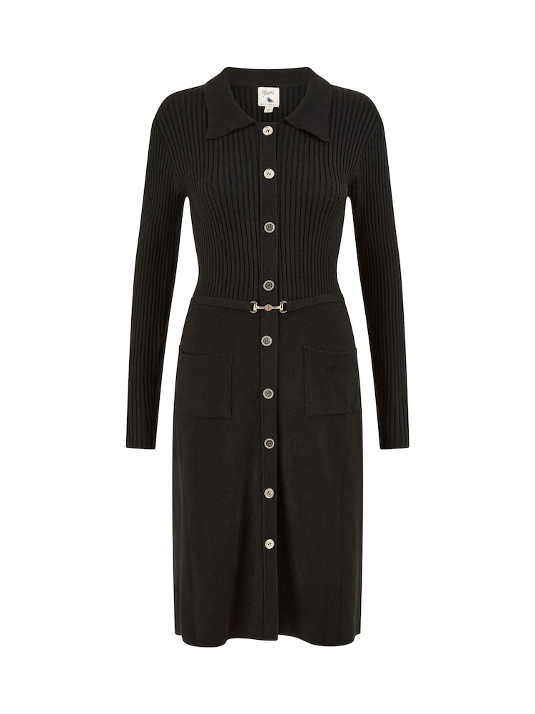 Yumi Black Rib Knit Midi Shirt Dress With Snaffle Belt - Image 5 of 5