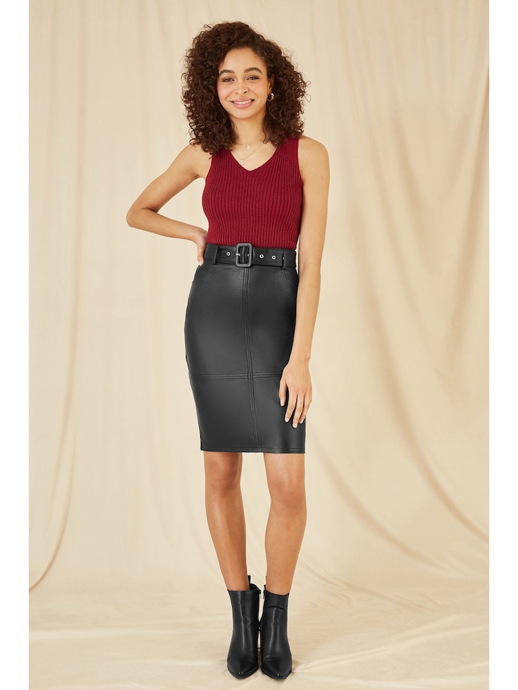 Yumi Black Faux Leather Midi Pencil Skirt With Matching Belt - Image 1 of 4
