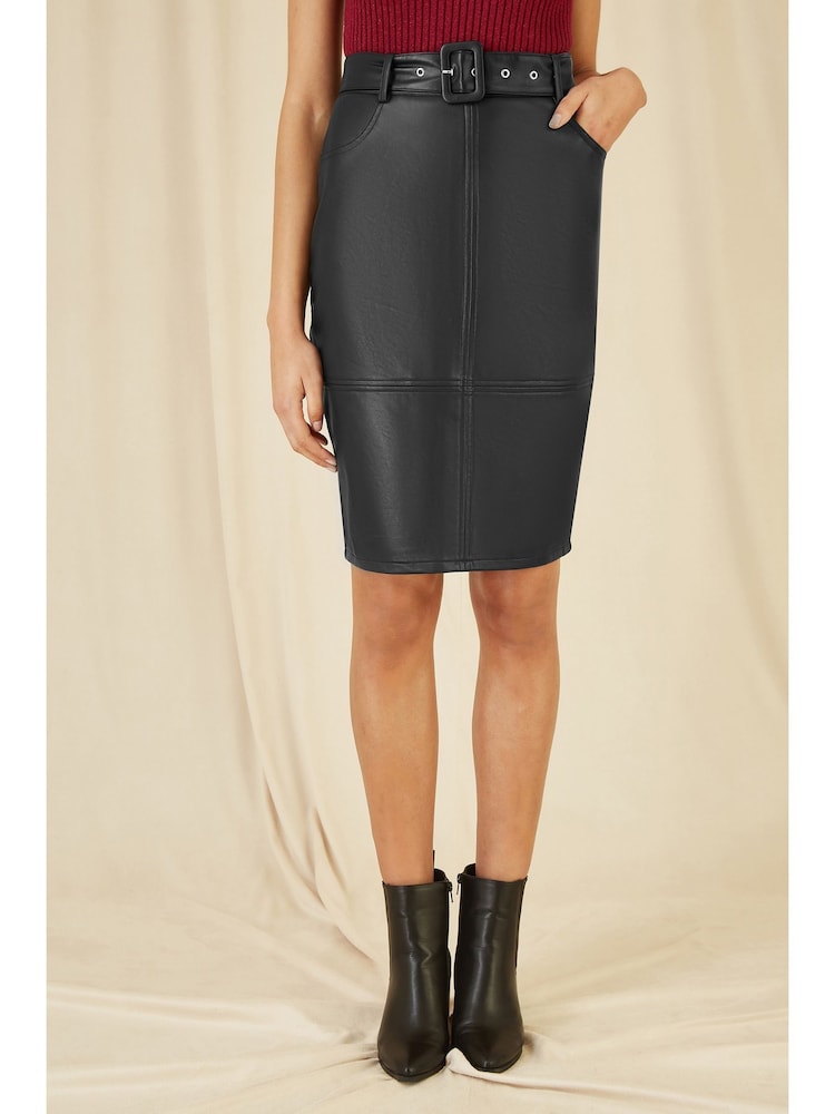 Yumi Black Faux Leather Midi Pencil Skirt With Matching Belt - Image 2 of 4