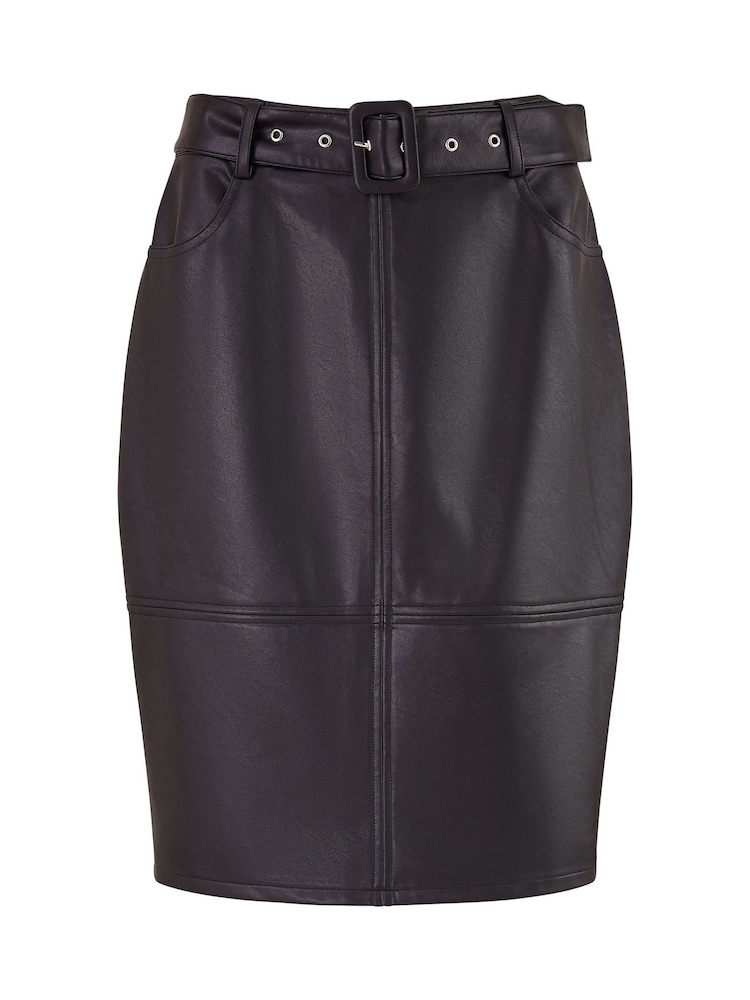 Yumi Black Faux Leather Midi Pencil Skirt With Matching Belt - Image 4 of 4