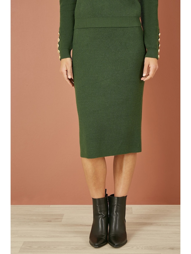 Yumi Green Rib Knitted Midi Column Skirt - Image 2 of 5