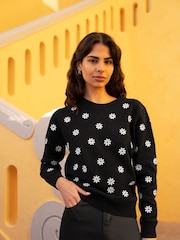 Yumi Black All Over Embroidered Daisy Knitted Jumper - Image 1 of 5