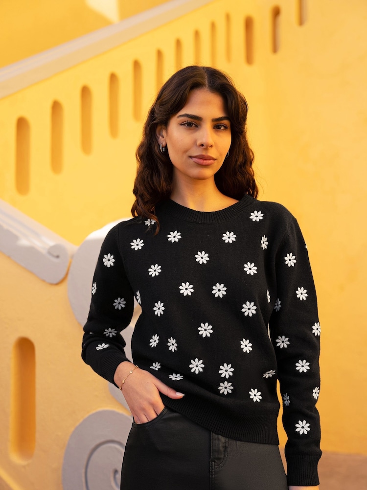 Yumi Black All Over Embroidered Daisy Knitted Jumper - Image 1 of 5
