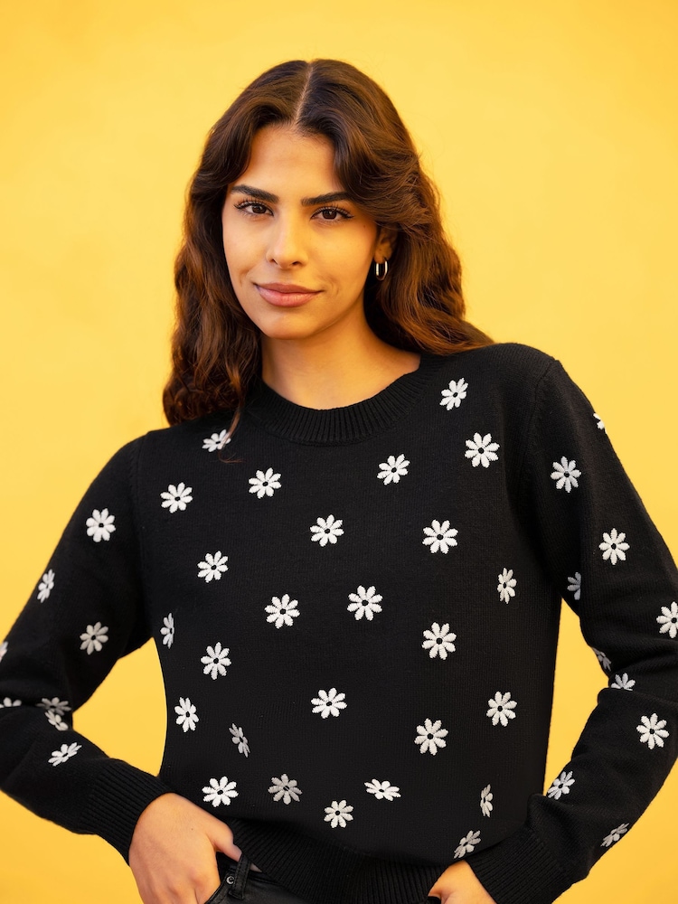 Yumi Black All Over Embroidered Daisy Knitted Jumper - Image 2 of 5