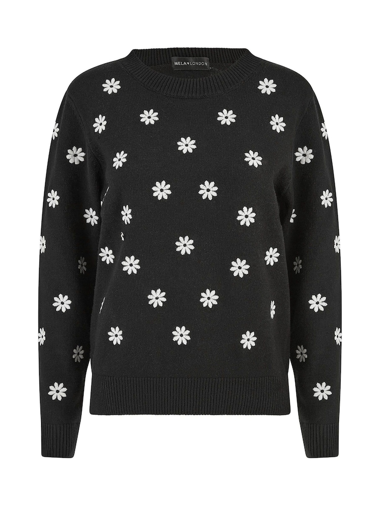 Yumi Black All Over Embroidered Daisy Knitted Jumper - Image 5 of 5