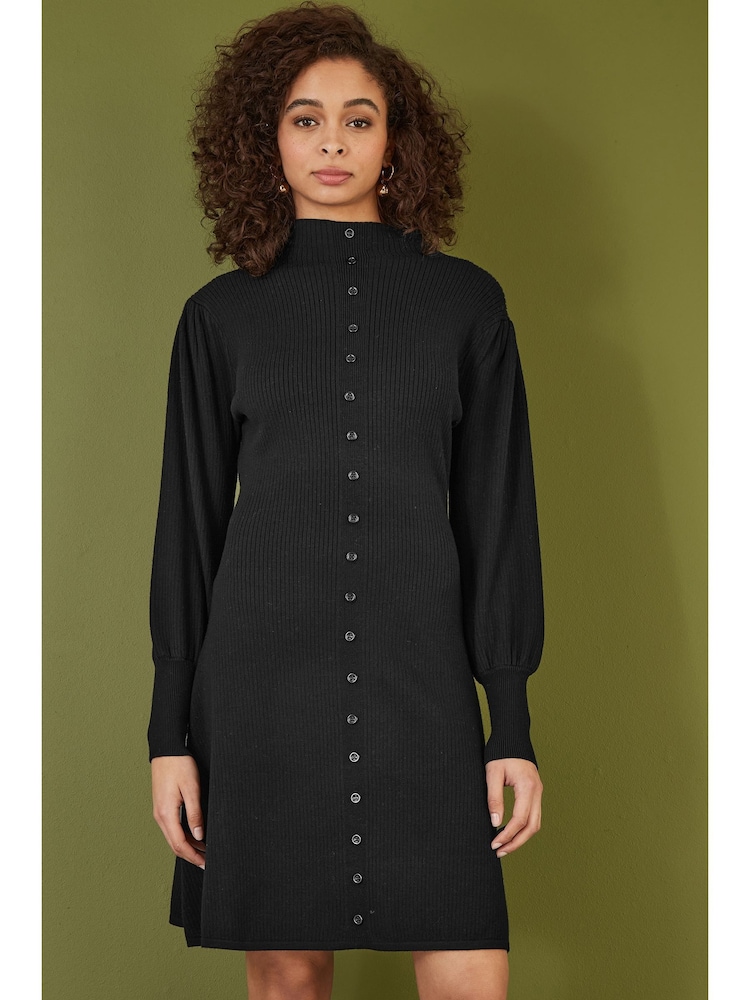 Yumi Black Knitted Button Up Midi Dress With Balloon Sleeves - Image 2 of 4