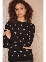 Yumi Black Foil Heart Print Relaxed Fit Jumper - Image 1 of 5