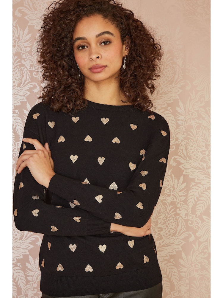 Yumi Black Foil Heart Print Relaxed Fit Jumper - Image 1 of 5