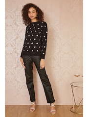 Yumi Black Foil Heart Print Relaxed Fit Jumper - Image 2 of 5