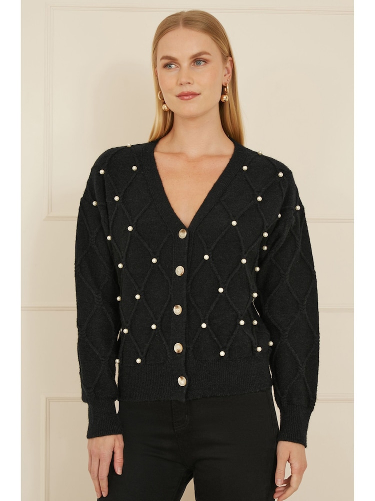 Yumi Black Pearl Cable Knit Cardigan - Image 1 of 5