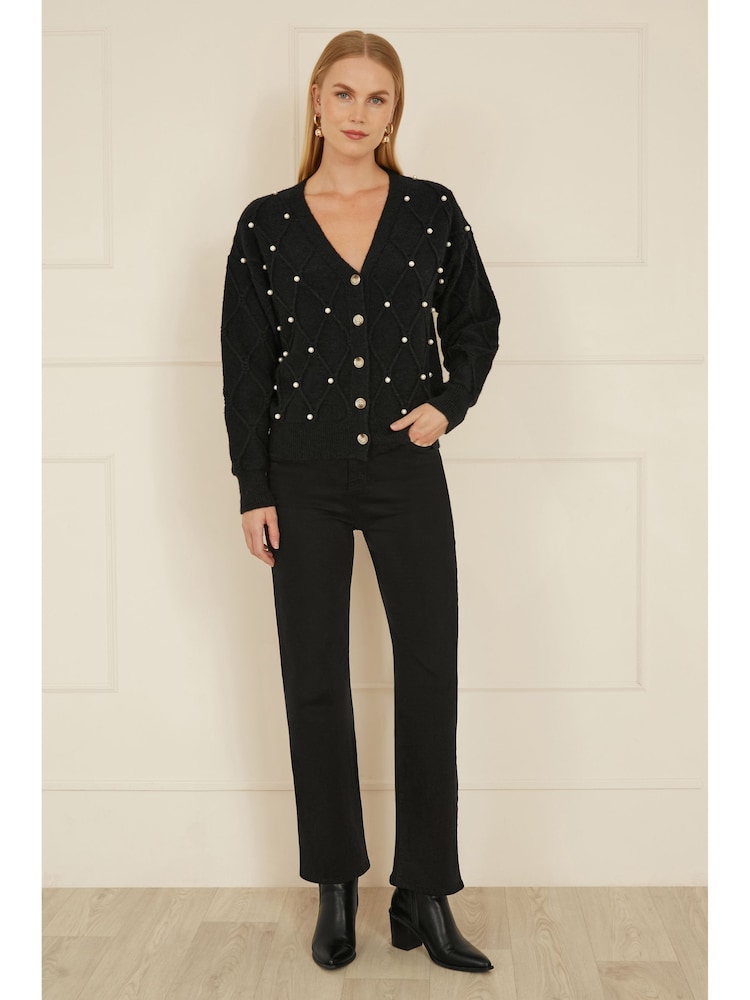 Yumi Black Pearl Cable Knit Cardigan - Image 2 of 5
