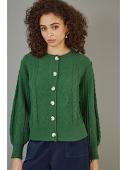 Yumi Green Chunky Cable Knit Cardigan - Image 1 of 5