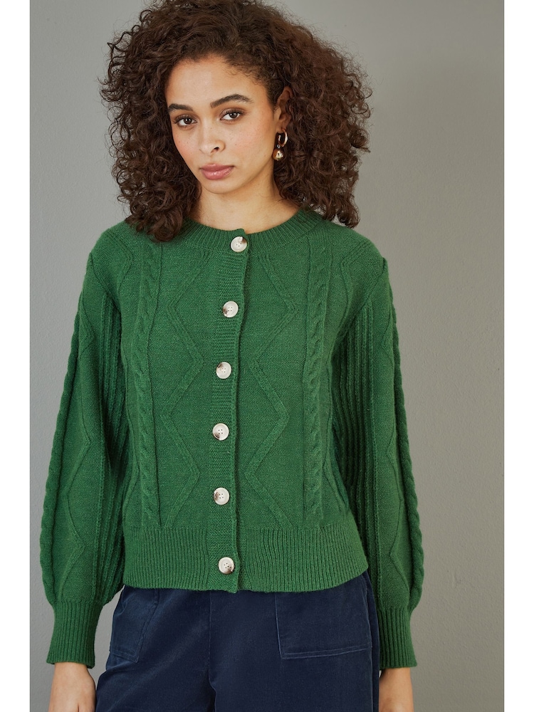 Yumi Green Chunky Cable Knit Cardigan - Image 1 of 5