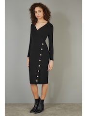 Yumi Black Knitted Midi Dress With Asymmetric Button Details - Image 1 of 5
