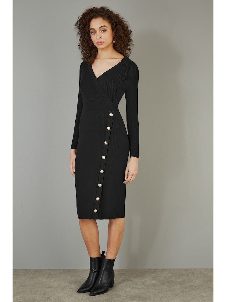 Yumi Black Knitted Midi Dress With Asymmetric Button Details - Image 1 of 5