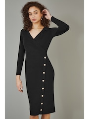 Yumi Black Knitted Midi Dress With Asymmetric Button Details - Image 2 of 5