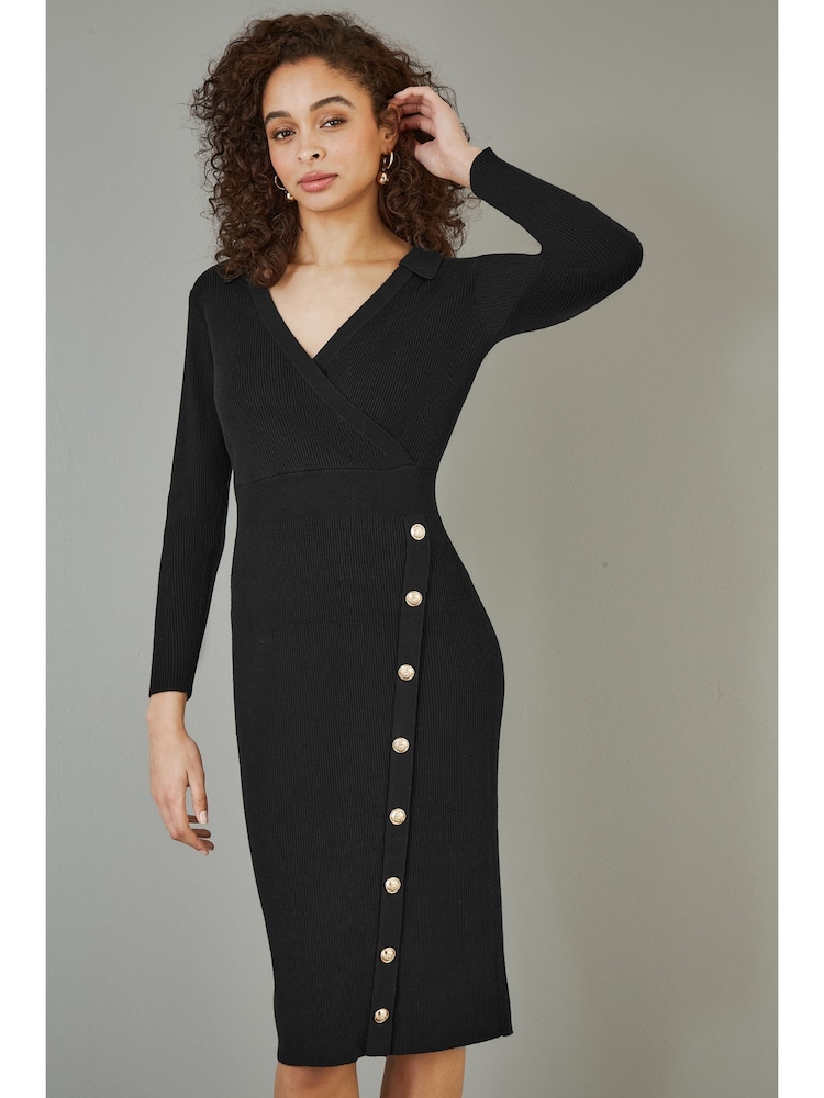 Yumi Black Knitted Midi Dress With Asymmetric Button Details - Image 2 of 5