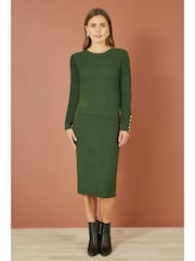 Yumi Green Rib Knitted Jumper With Sleeve Button Detail - Image 1 of 5