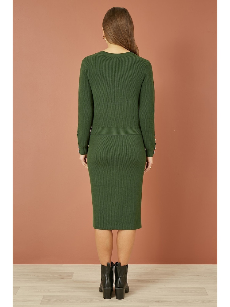 Yumi Green Rib Knitted Jumper With Sleeve Button Detail - Image 2 of 5