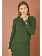 Yumi Green Rib Knitted Jumper With Sleeve Button Detail - Image 3 of 5