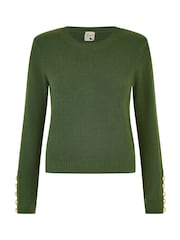 Yumi Green Rib Knitted Jumper With Sleeve Button Detail - Image 4 of 5