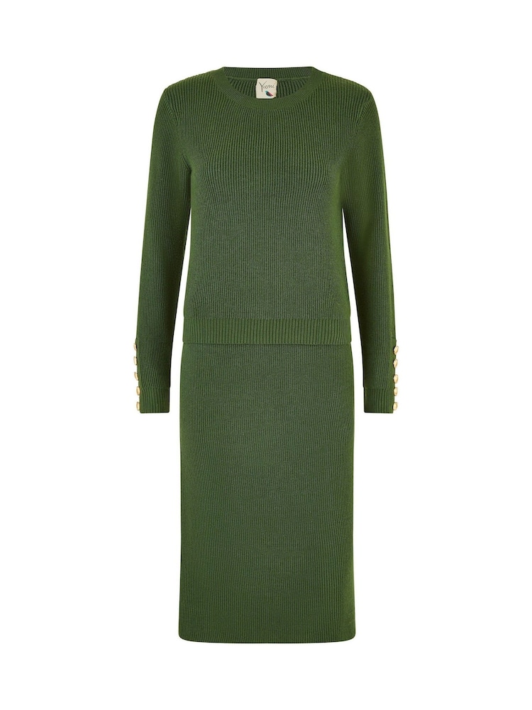 Yumi Green Rib Knitted Jumper With Sleeve Button Detail - Image 5 of 5