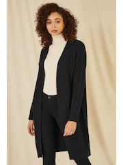 Yumi Black Cable Knit Edge to Edge Long Cardigan With Pockets - Image 1 of 4