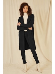 Yumi Black Cable Knit Edge to Edge Long Cardigan With Pockets - Image 2 of 4