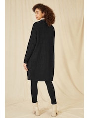 Yumi Black Cable Knit Edge to Edge Long Cardigan With Pockets - Image 3 of 4