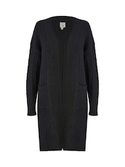 Yumi Black Cable Knit Edge to Edge Long Cardigan With Pockets - Image 4 of 4