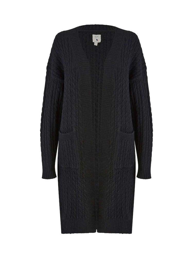 Yumi Black Cable Knit Edge to Edge Long Cardigan With Pockets - Image 4 of 4