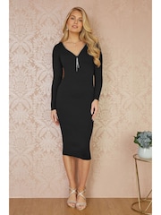 Yumi Black Rib Fitted Midi Dress With Diamante Detail Zip Neckline - Image 1 of 5