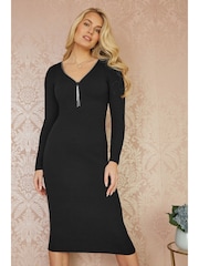Yumi Black Rib Fitted Midi Dress With Diamante Detail Zip Neckline - Image 2 of 5