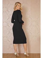 Yumi Black Rib Fitted Midi Dress With Diamante Detail Zip Neckline - Image 3 of 5