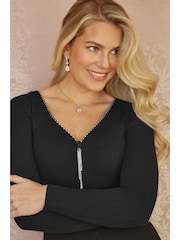 Yumi Black Rib Fitted Midi Dress With Diamante Detail Zip Neckline - Image 4 of 5