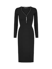 Yumi Black Rib Fitted Midi Dress With Diamante Detail Zip Neckline - Image 5 of 5