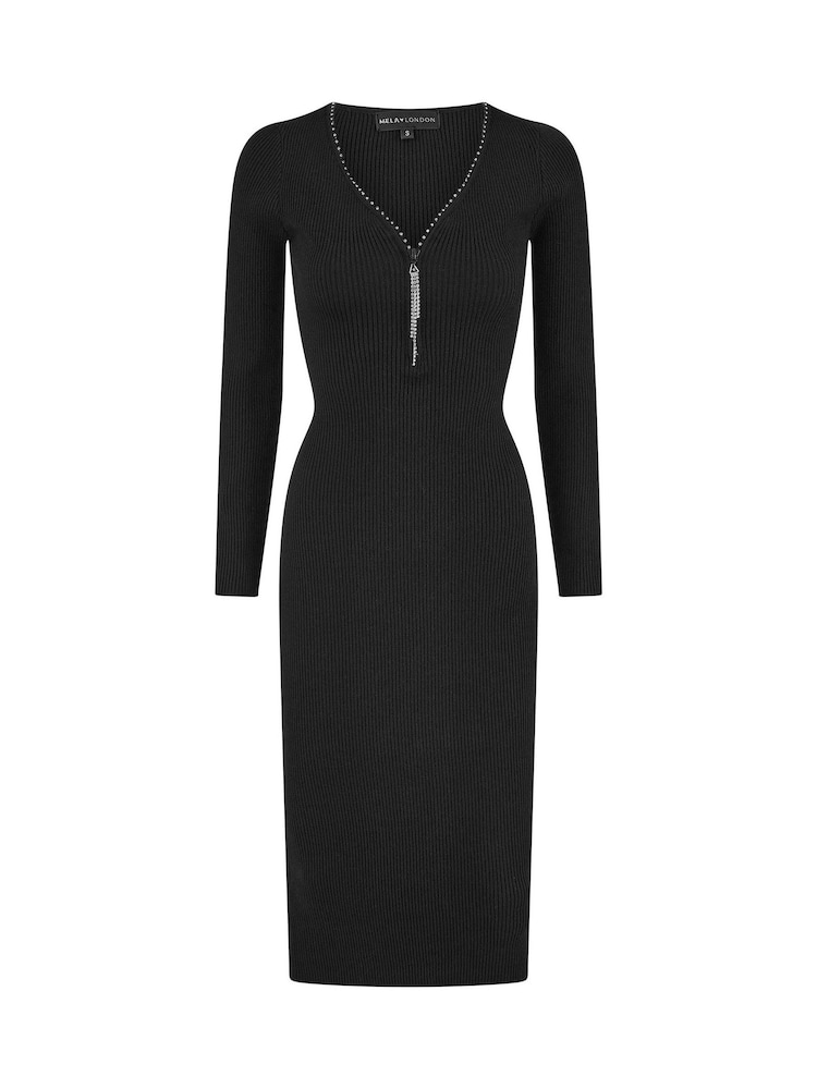 Yumi Black Rib Fitted Midi Dress With Diamante Detail Zip Neckline - Image 5 of 5