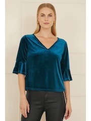 Yumi Blue Velvet Relaxed Fit Top With Fluted Sleeves - Image 1 of 4